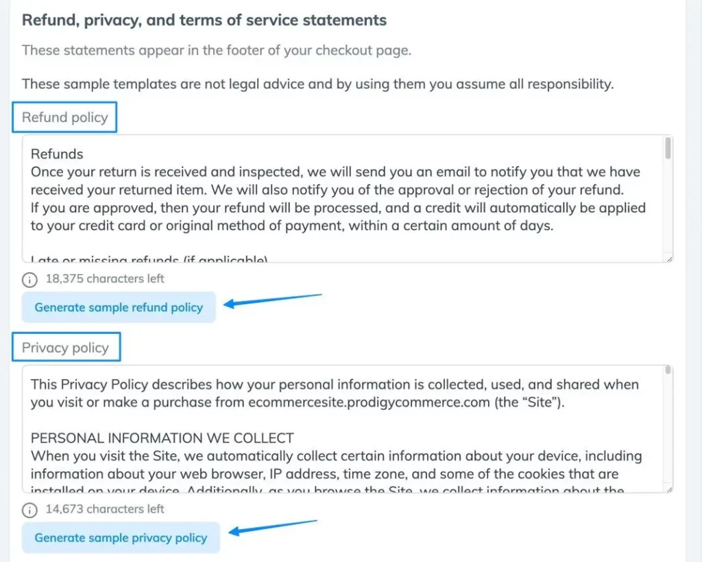 generate sample privacy policy and refund policy